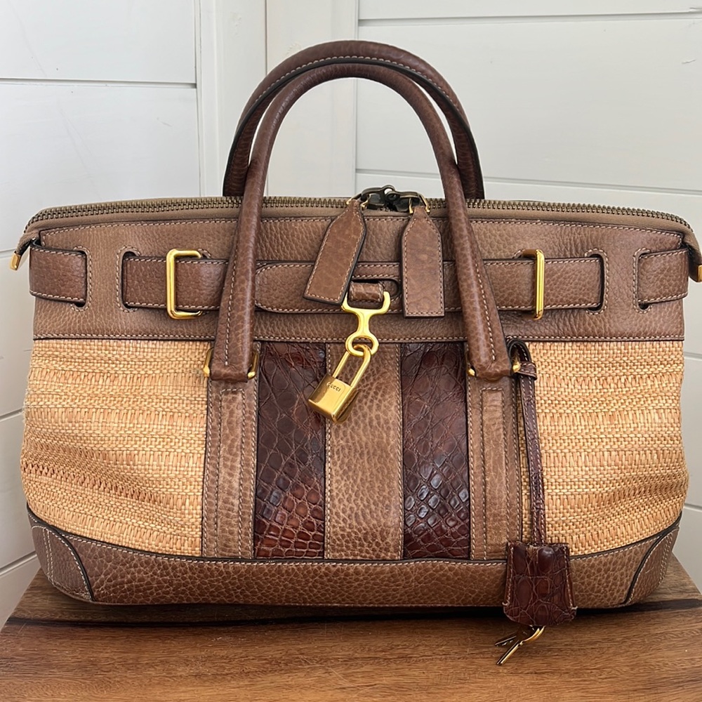 Vintage Gucci Raffia and Crocodile Secret Top Handle
